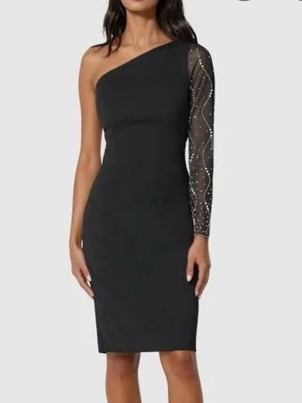 bebe One-Shoulder Black Sheath Dress with Embellished Mesh Sleeve